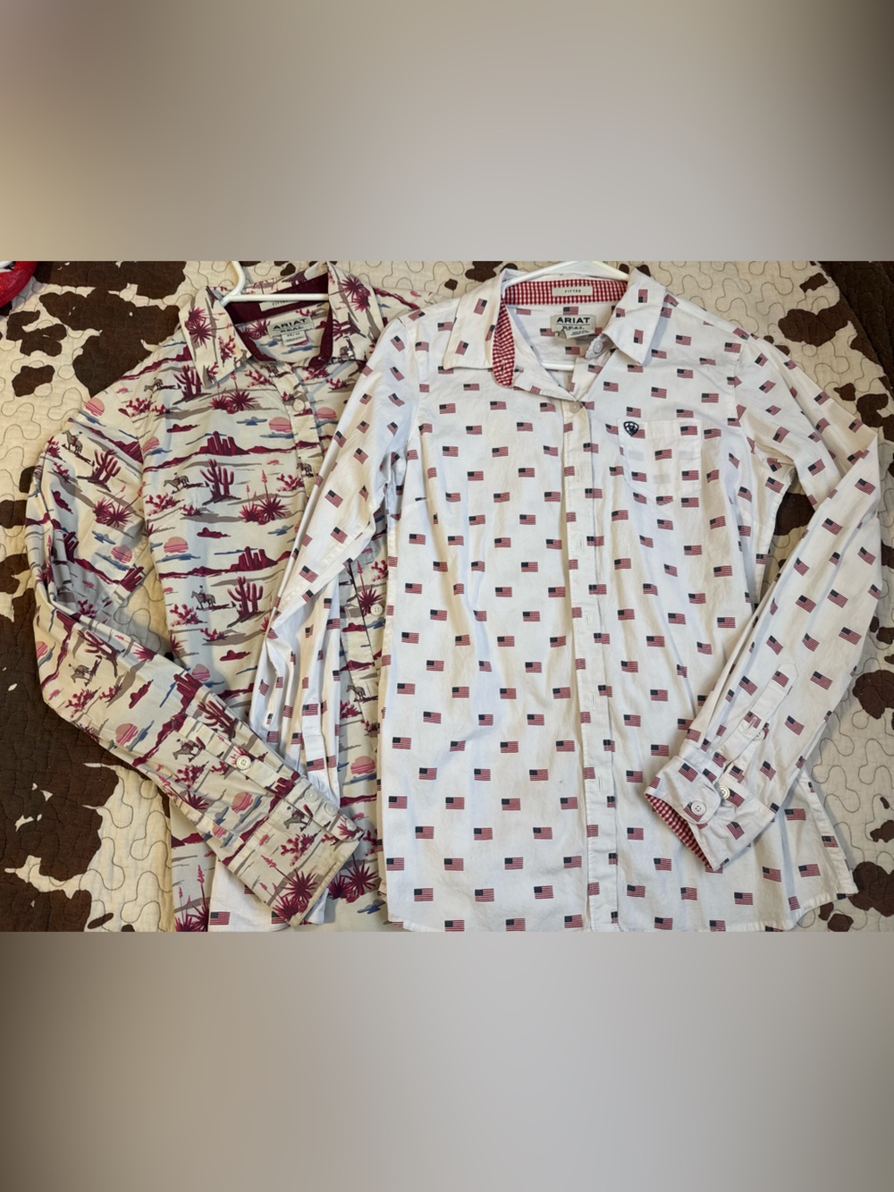 Ariat White Button-Down Shirt with Pink and American Flag Print XS SMALL